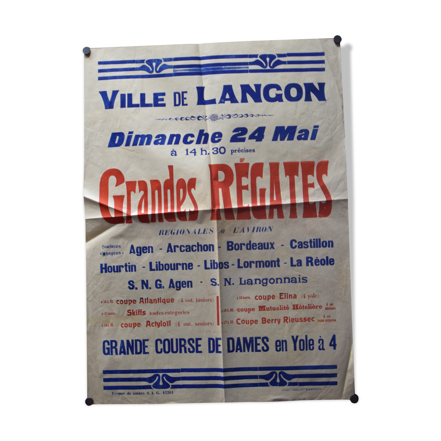 Poster "Great Regatta - Great Women's Race in Yole at 4" - City of Langon - 1937
