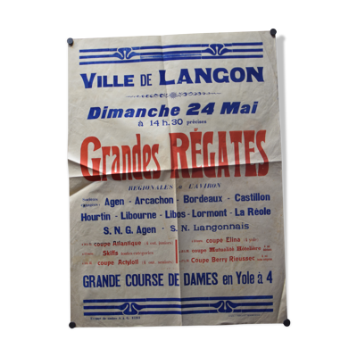 Affiche ''Grandes Régates - Grande Course de Dames en Yole à 4'' - Ville de Langon - 1937