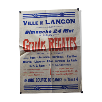 Affiche "Grandes Régates - Grande Course de Dames en Yole à 4" - Ville de Langon - 1937