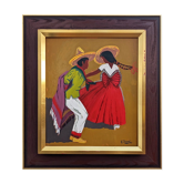 Peinture à l’huile figurative suédoise « Danseurs mexicains » du milieu du siècle, encadrée