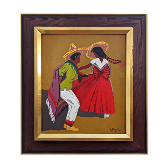 Peinture à l’huile figurative suédoise « Danseurs mexicains » du milieu du siècle, encadrée
