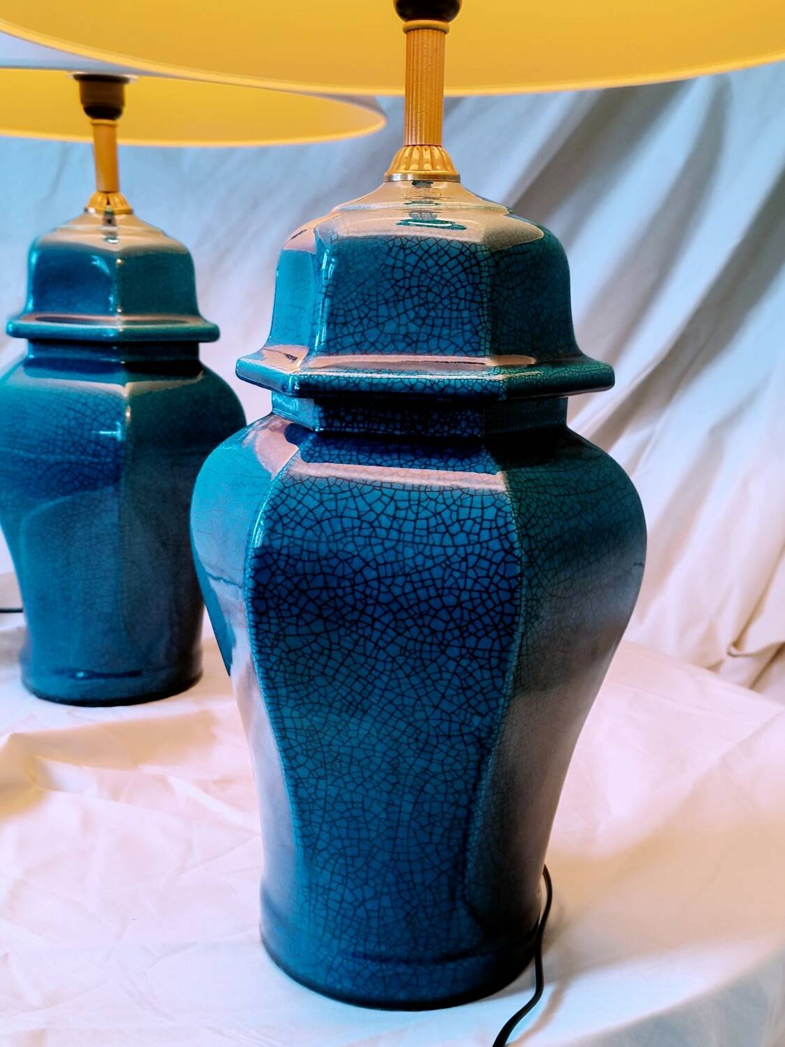 2 blue crackle ceramic desk lamp bases, 1950s