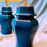 2 blue crackle ceramic desk lamp bases, 1950s