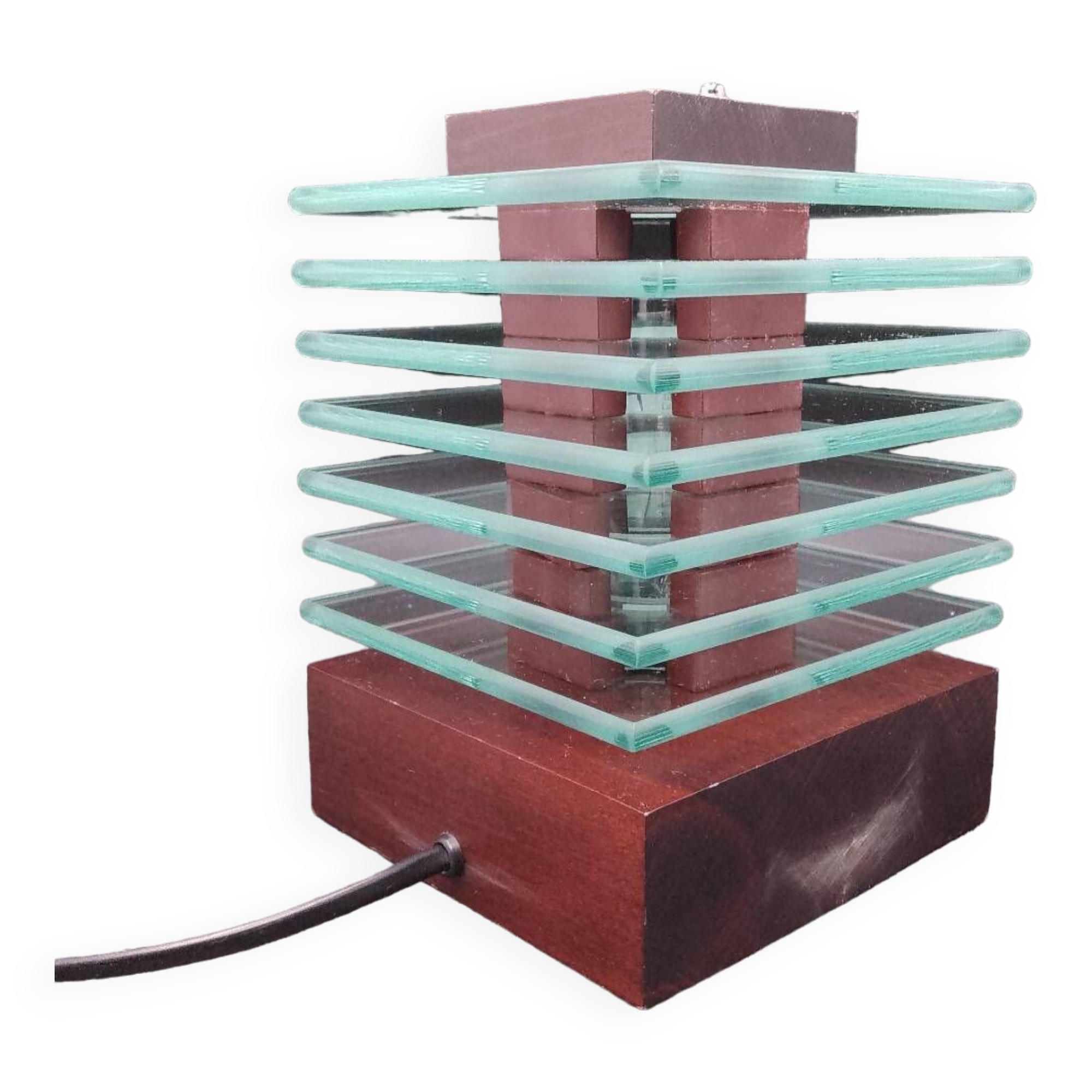 Desny Demeter glass and wood lamp, modernist art deco reissue