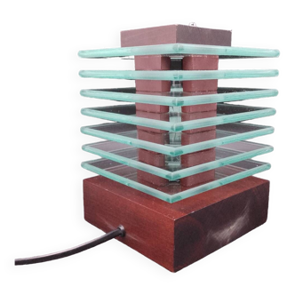 Desny Demeter glass and wood lamp, modernist art deco reissue