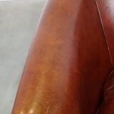 Set of 2 Cognac-Colored Cowhide Leather Club Chairs with Matching Ottoman