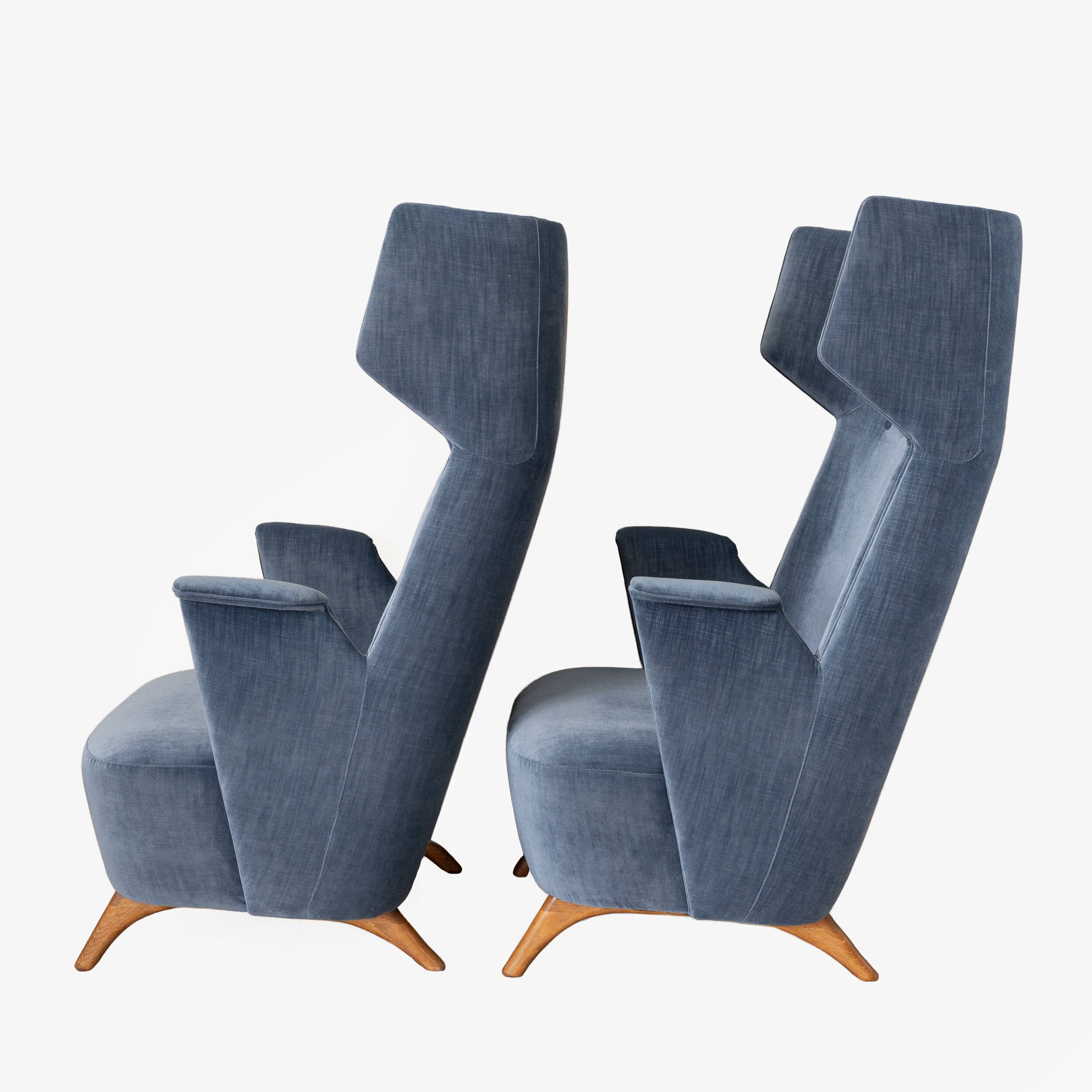 Pair of Mid-Century Modern Italian Velvet High Back Armchairs, 1950s
