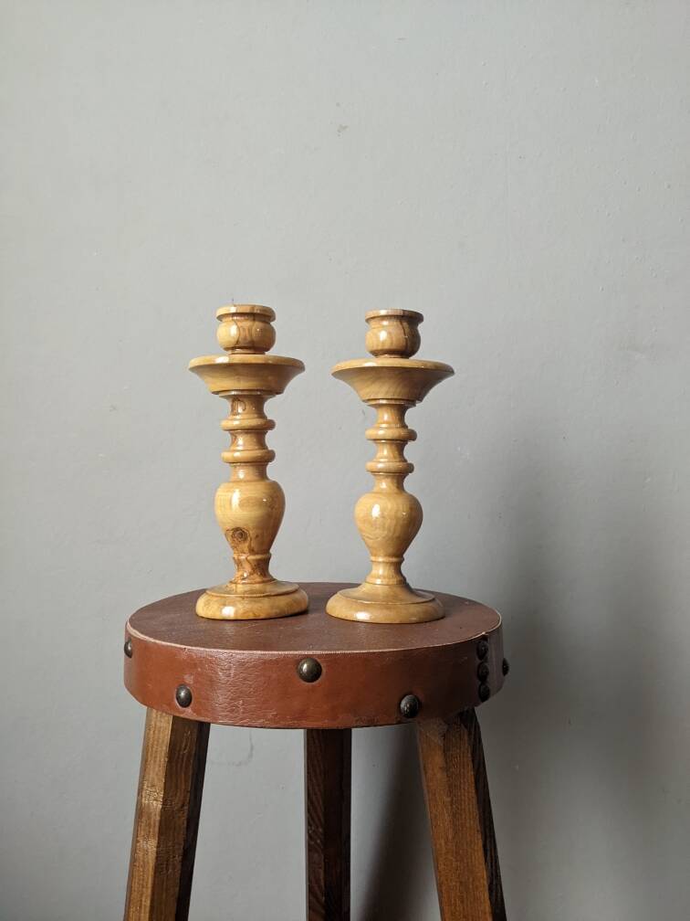 Pair of olive wood candlesticks, turned wood, handcrafted