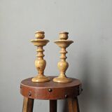 Pair of olive wood candlesticks, turned wood, handcrafted