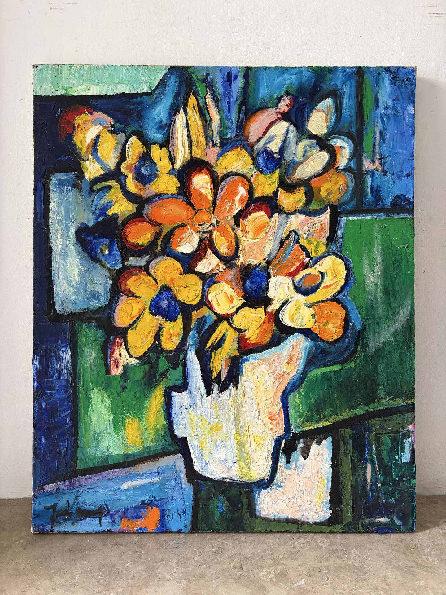 Modern bouquet and stained glass, knife oil signed