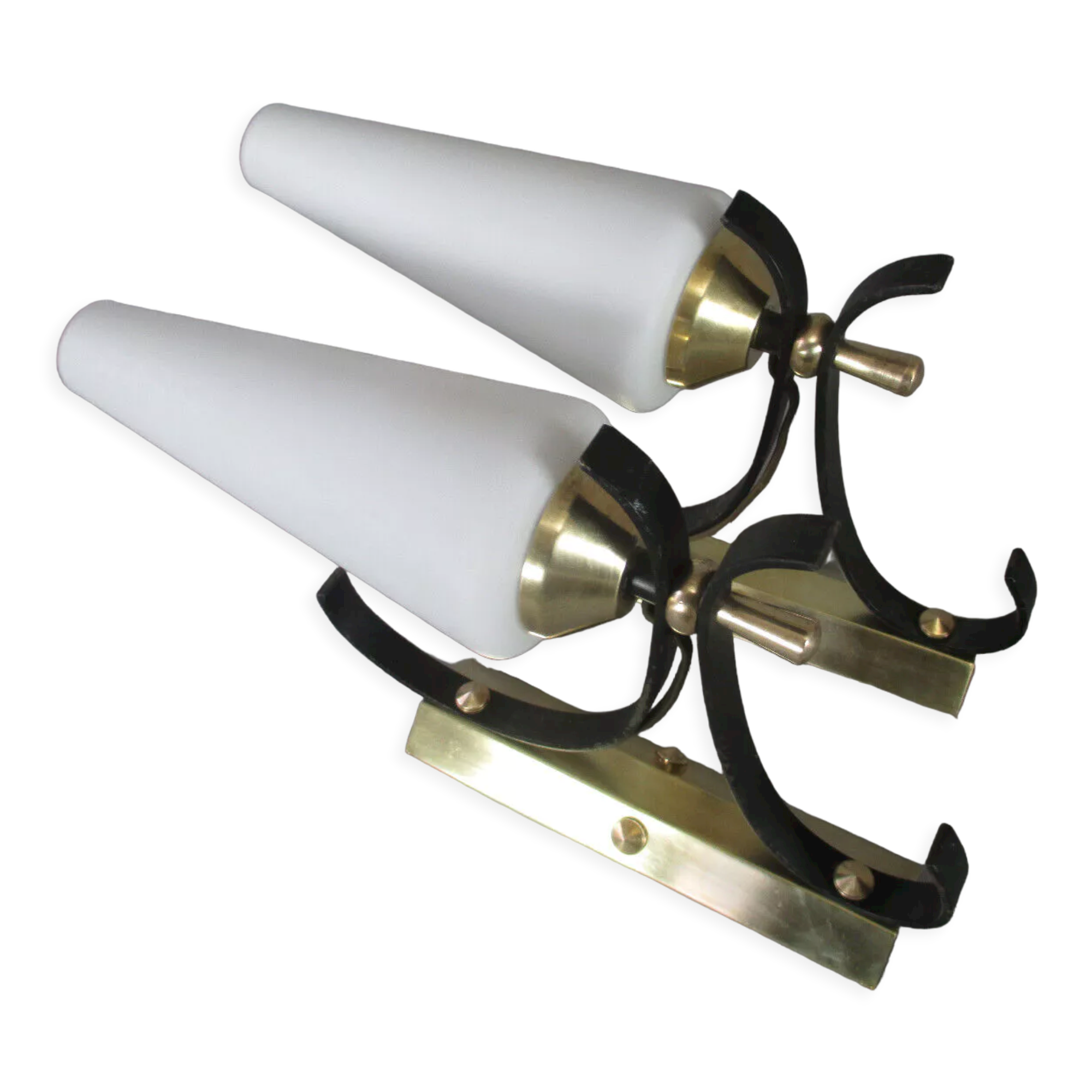 Pair of opaline tulip brass wall lamps