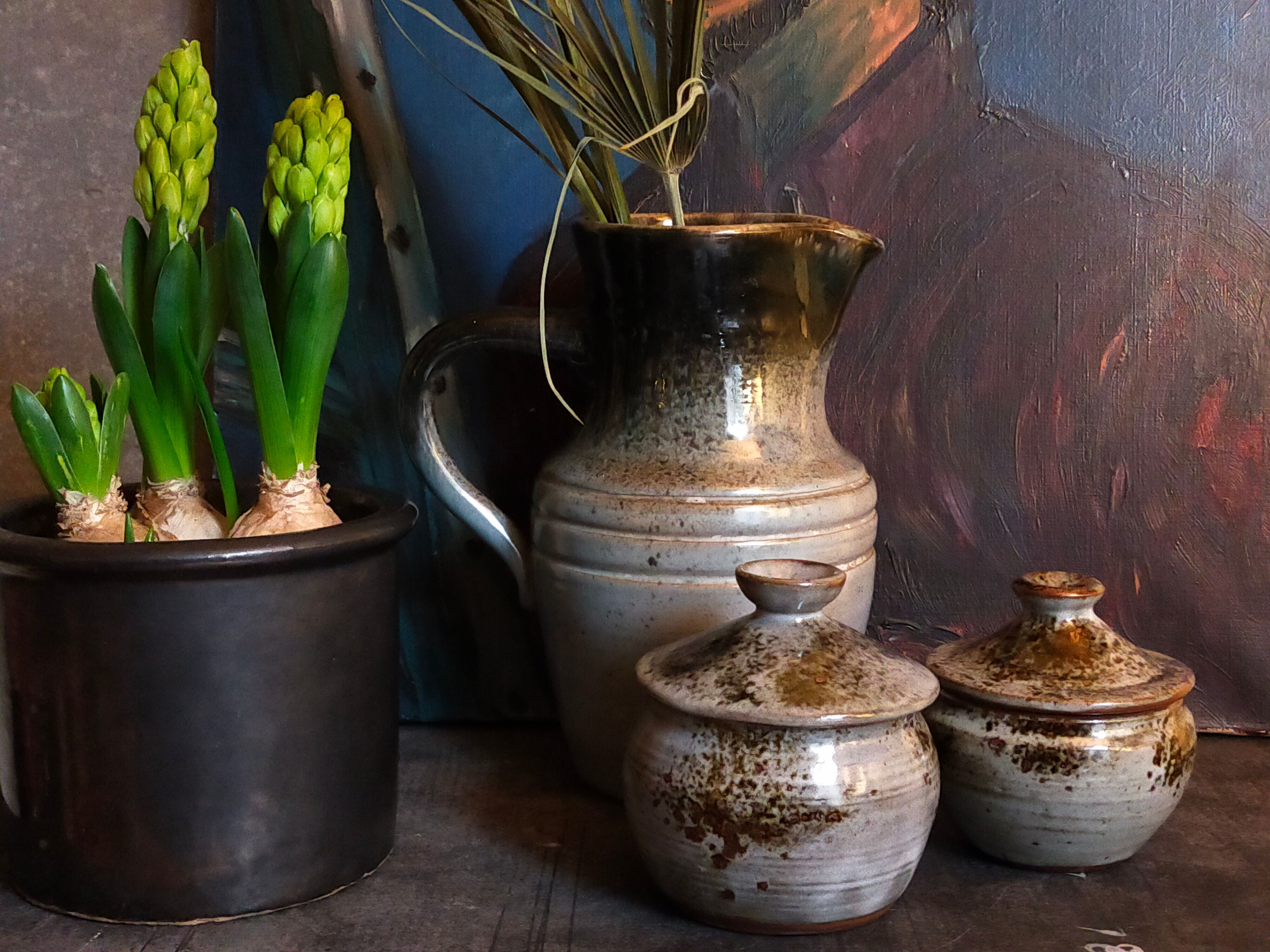 Duo of potter's pots covered in vintage glazed stoneware