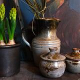 Duo of potter's pots covered in vintage glazed stoneware