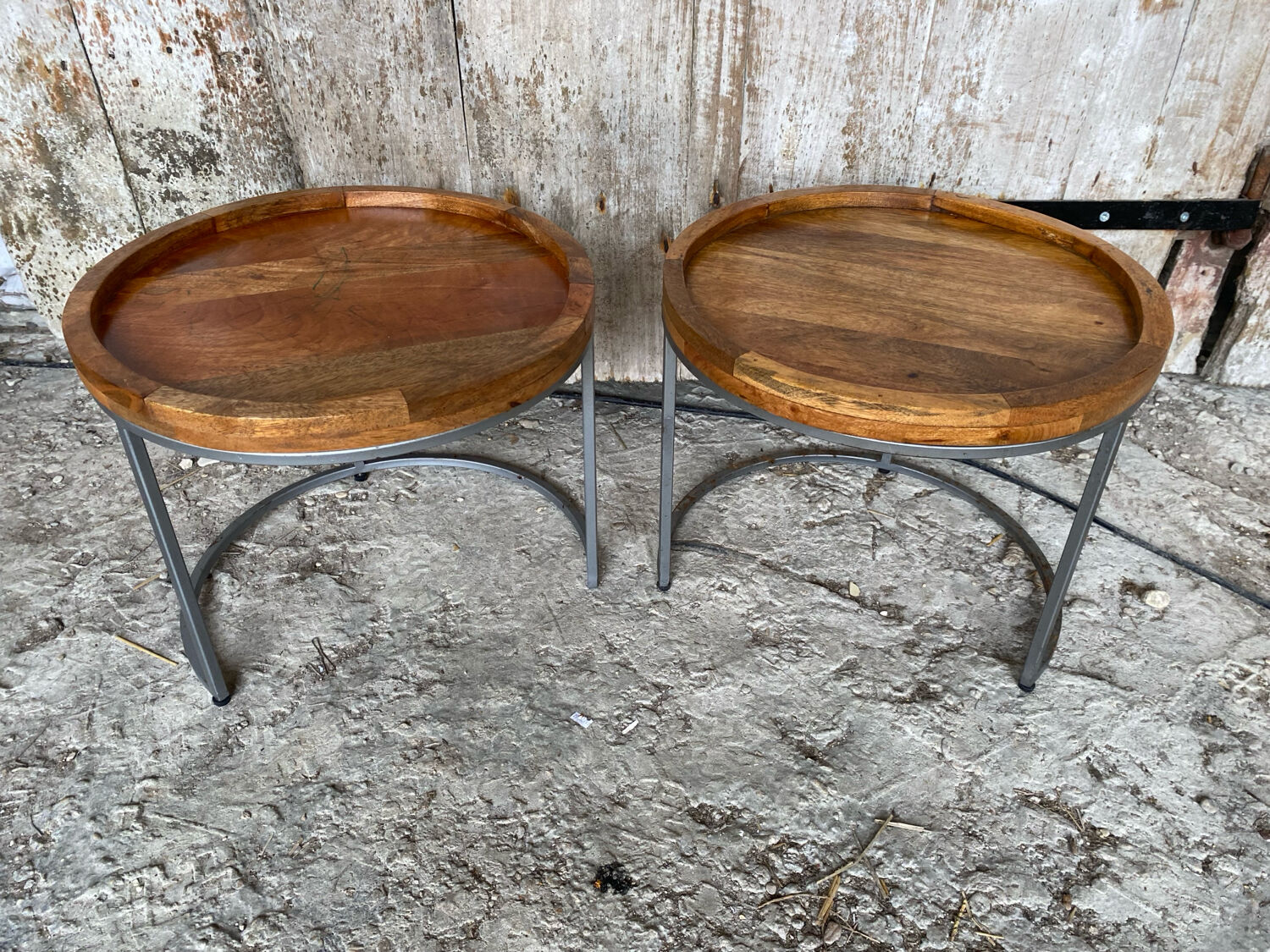 Nightstand Round Design Metal Grey + Wooden Top #D