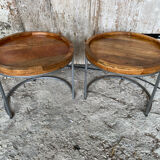 Nightstand Round Design Metal Grey + Wooden Top #D