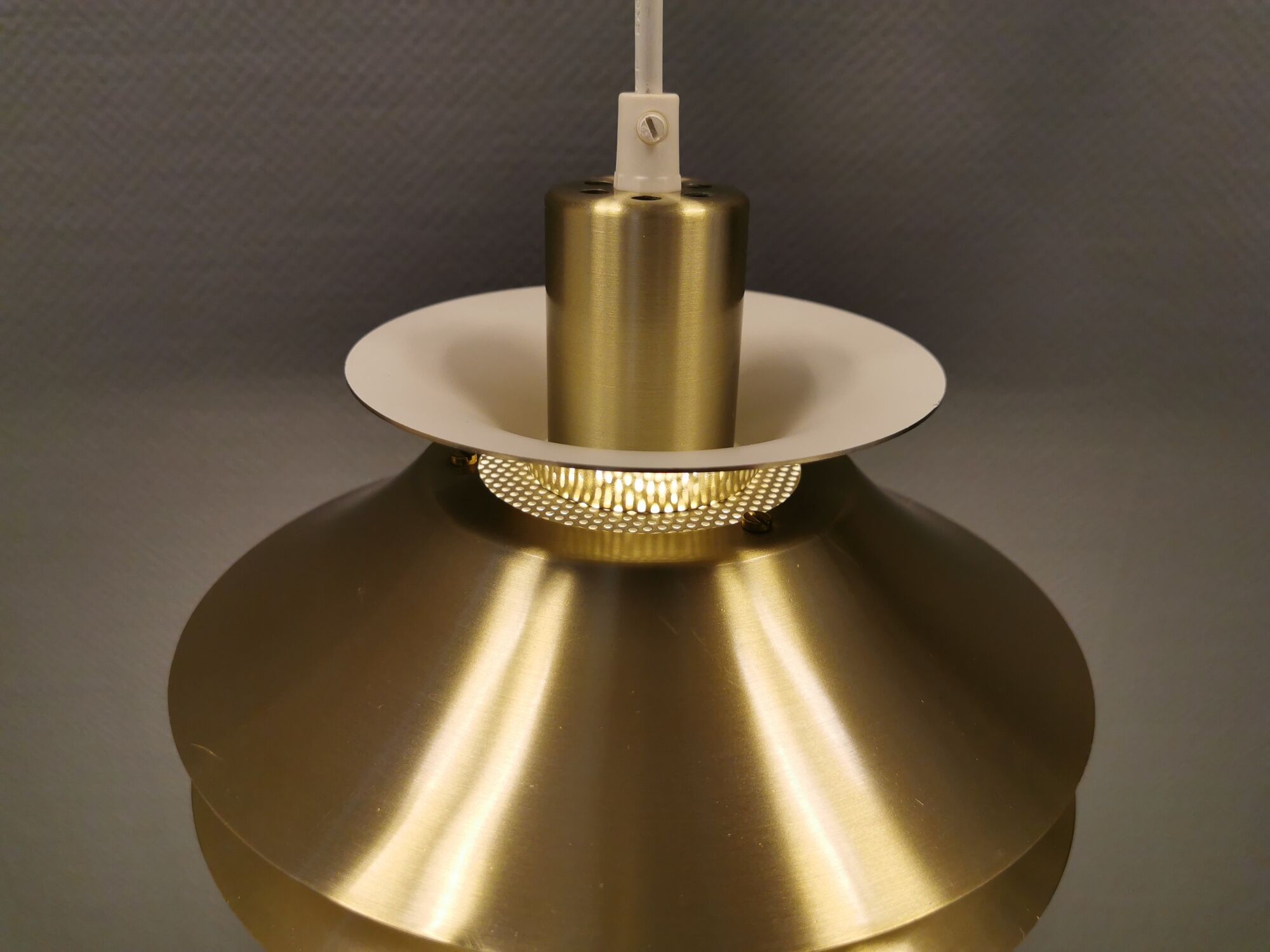 Small hanging lamp from Danish Top-lamps, in brass colored aluminum, produced in the 1980s
