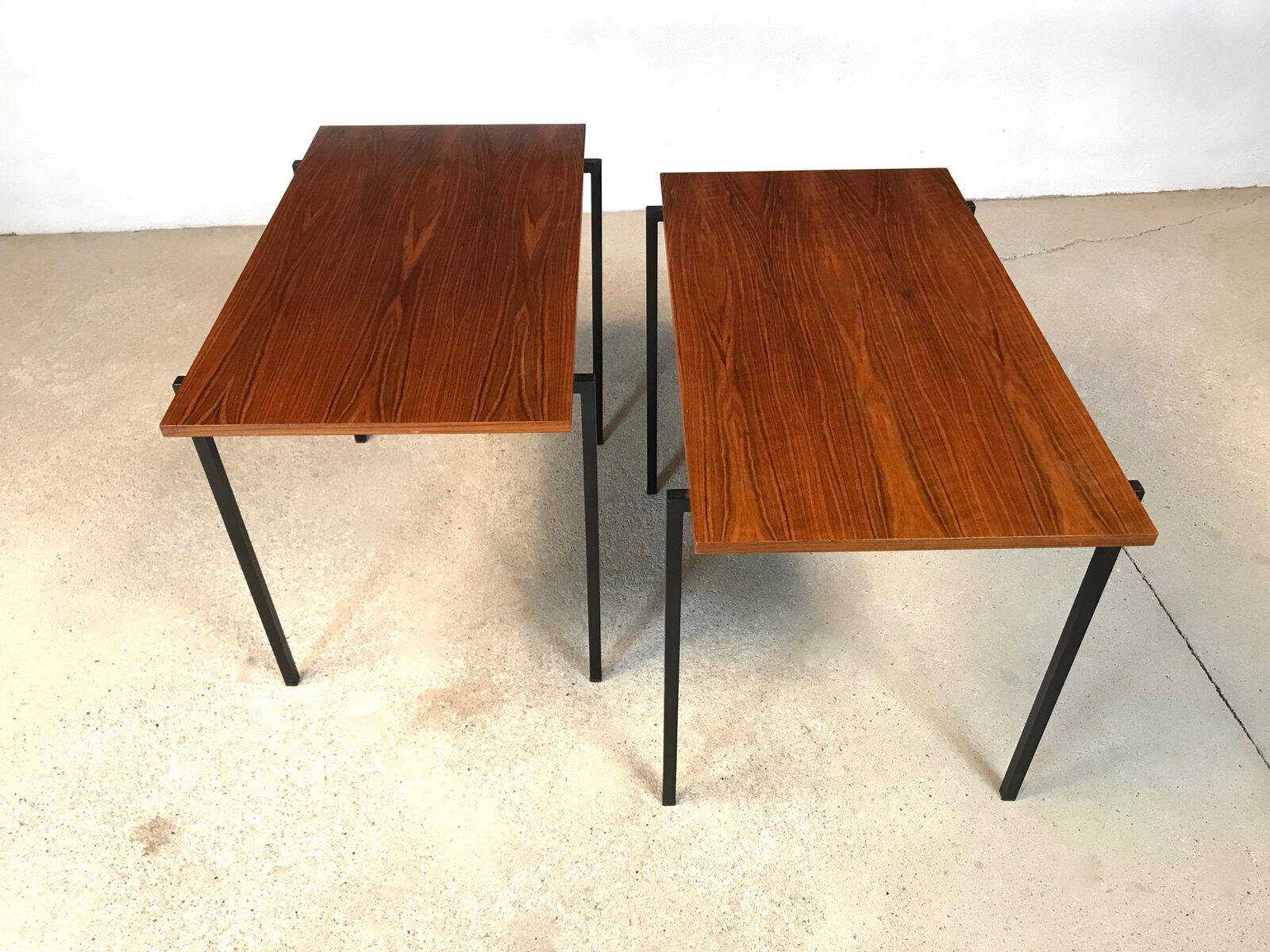 Minimalist walnut & steel stacking side tables, 1960s, Set of 2