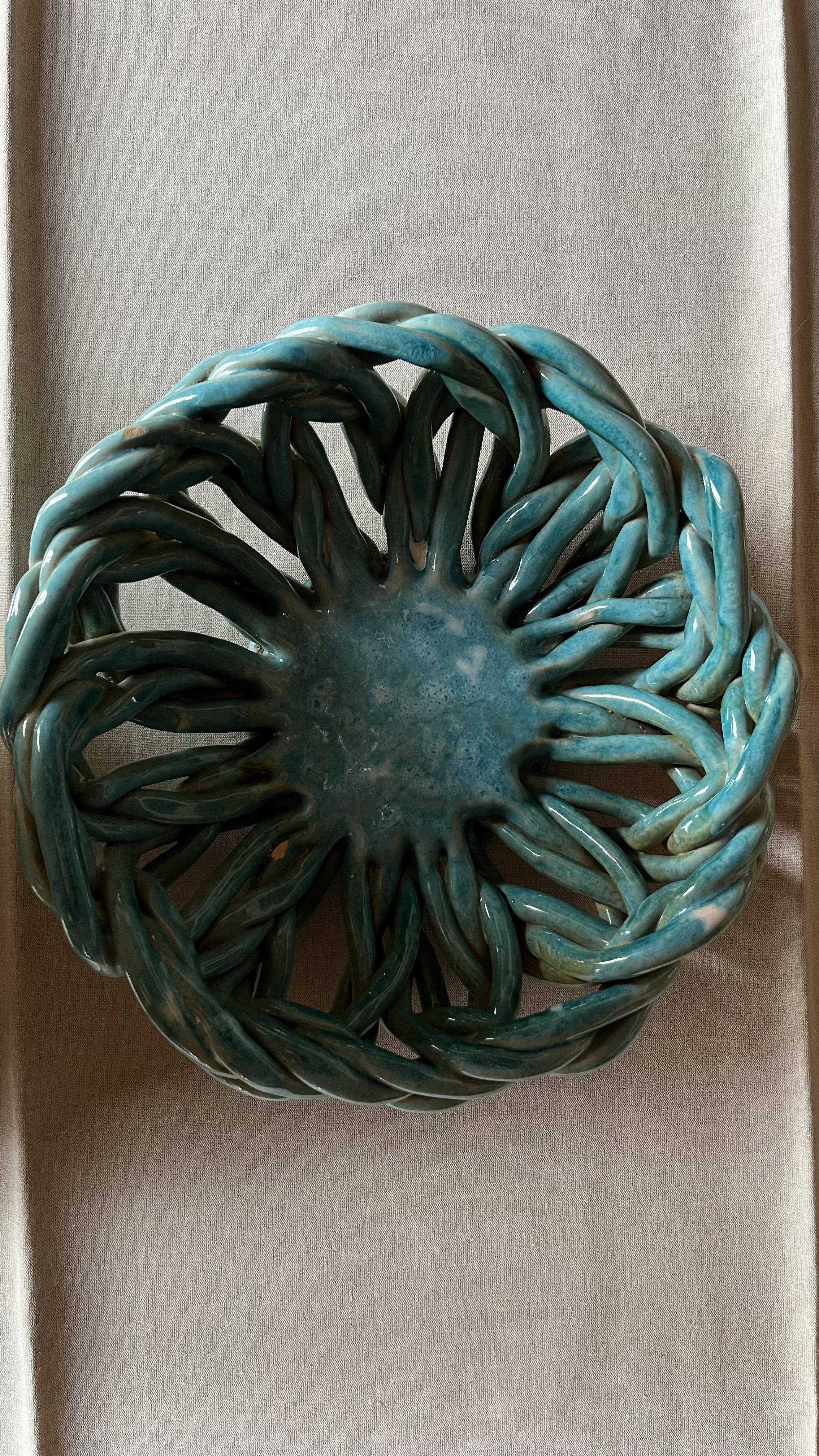 Vintage woven ceramic fruit bowl signed Morillere
