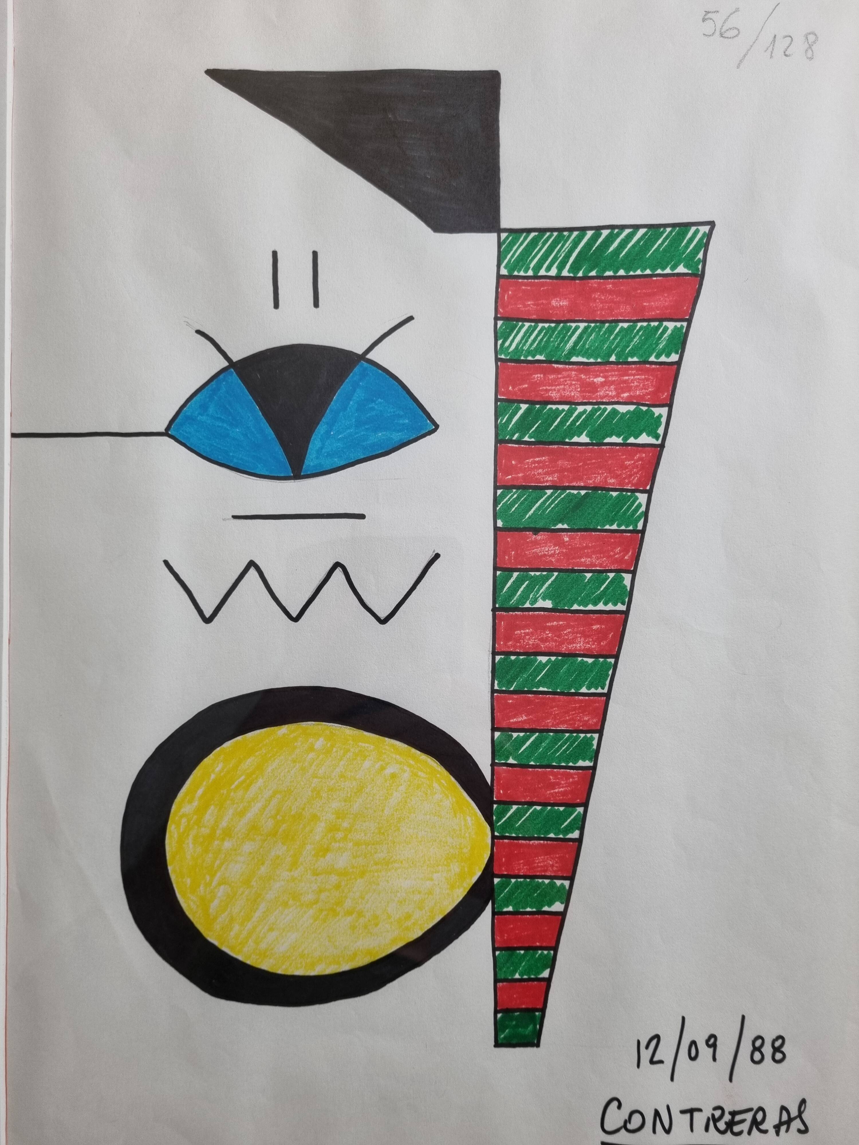 Abstract composition, original drawing signed Contreras, 1980s, 32 x 42 cm framed under glass