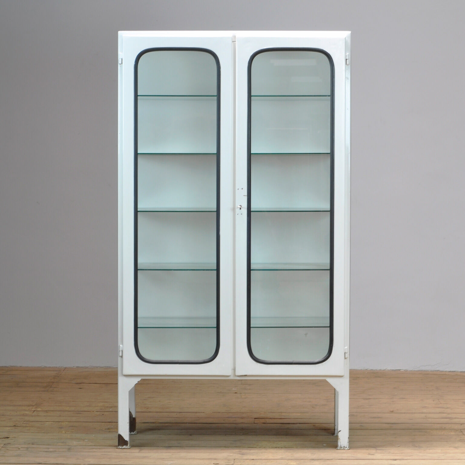 Vintage glass & iron medical cabinet, 1970s