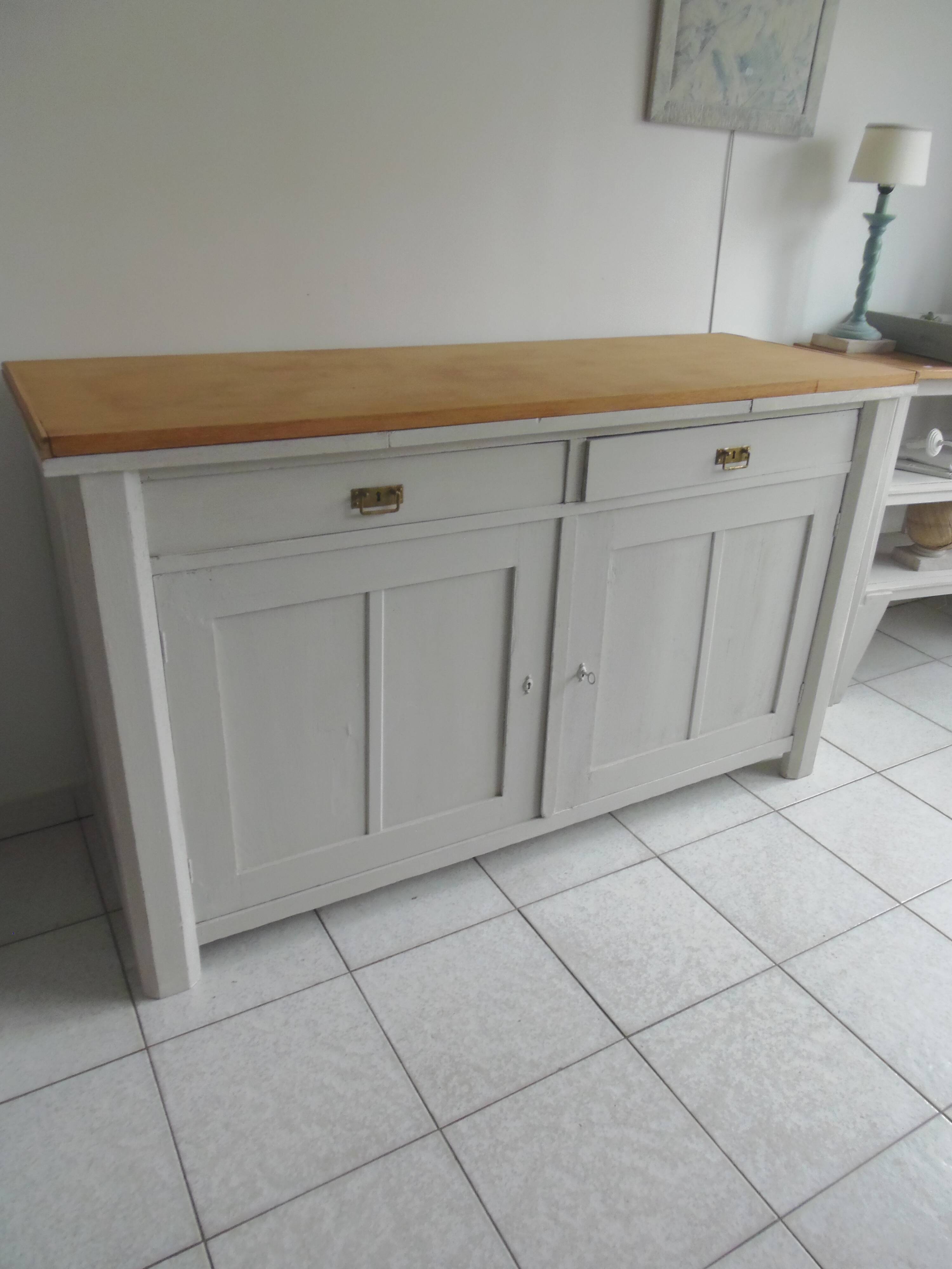 Vintage sideboard, 2 drawers, 1 shelf, 2 pearl gray patinated doors, wooden top.