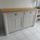 Vintage sideboard, 2 drawers, 1 shelf, 2 pearl gray patinated doors, wooden top.