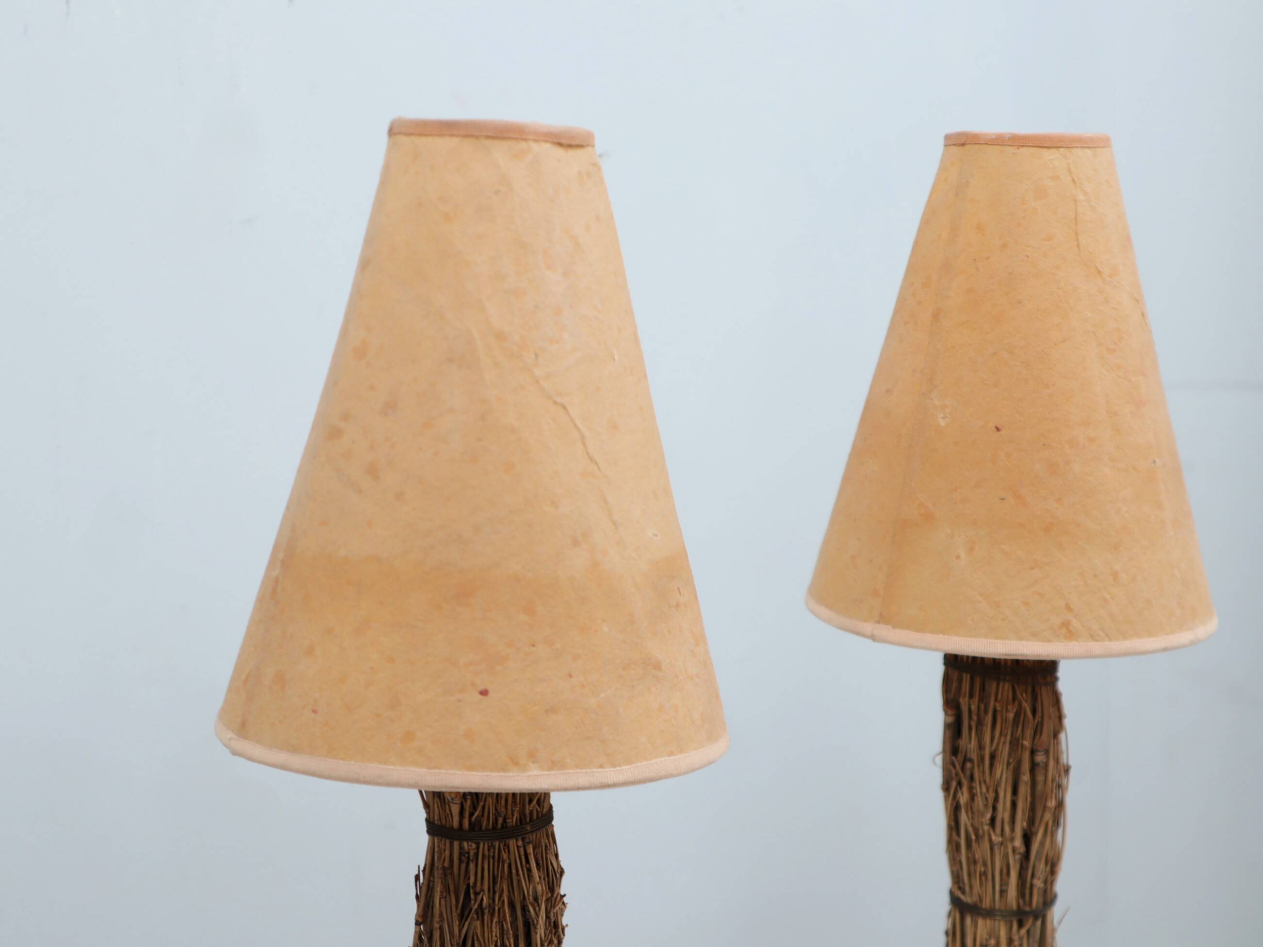 Pair of 1970s Italian decorative table lamps raphia & parchment