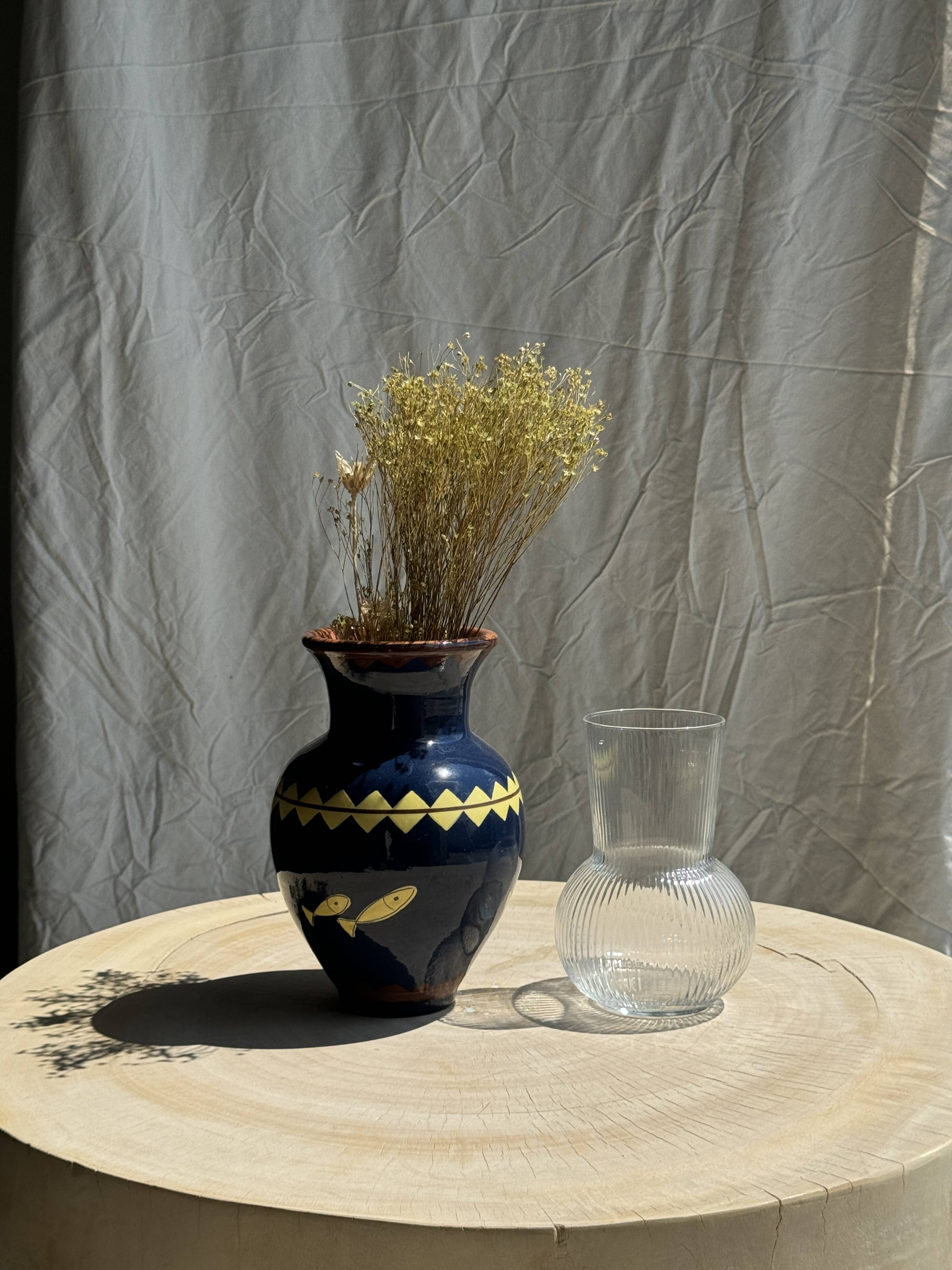 Ribbed glass ball vase