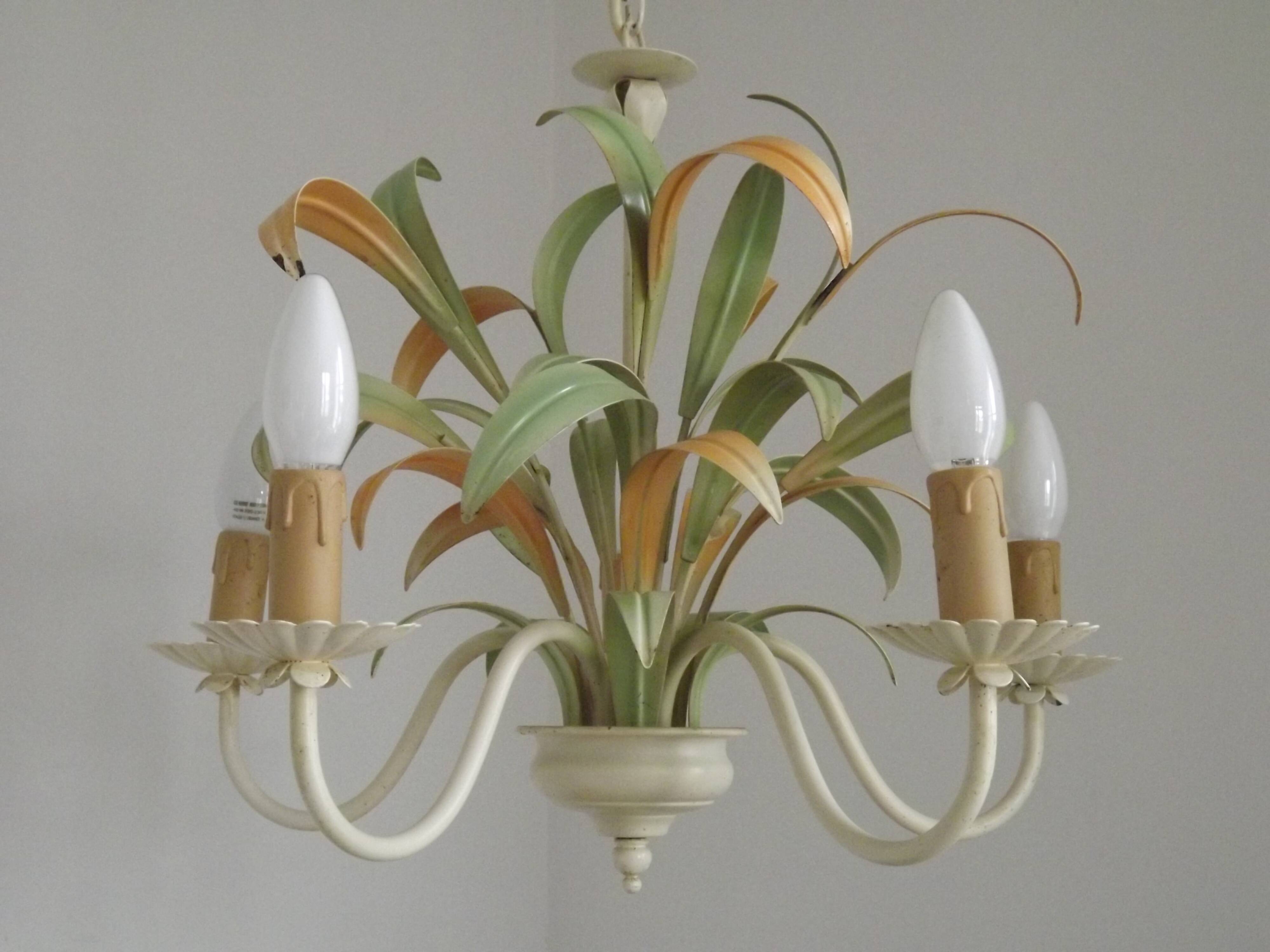 French Vintage Cream 5 Light Metal Chandelier Green and Peach Leaves