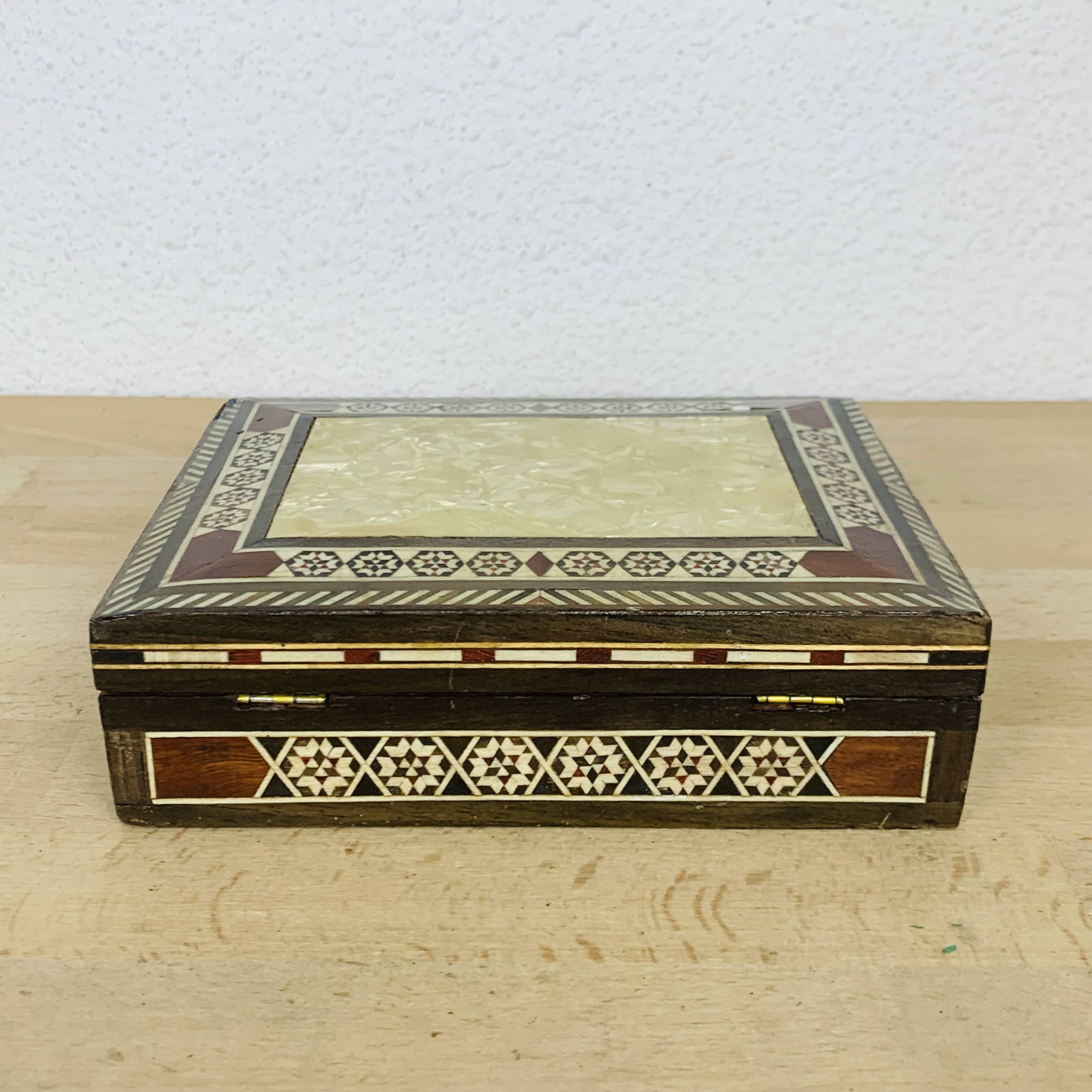 Mother-of-pearl and wood marquetry jewelry box