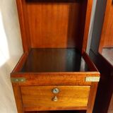 Pair of bedside tables with mahogany and brass shelf