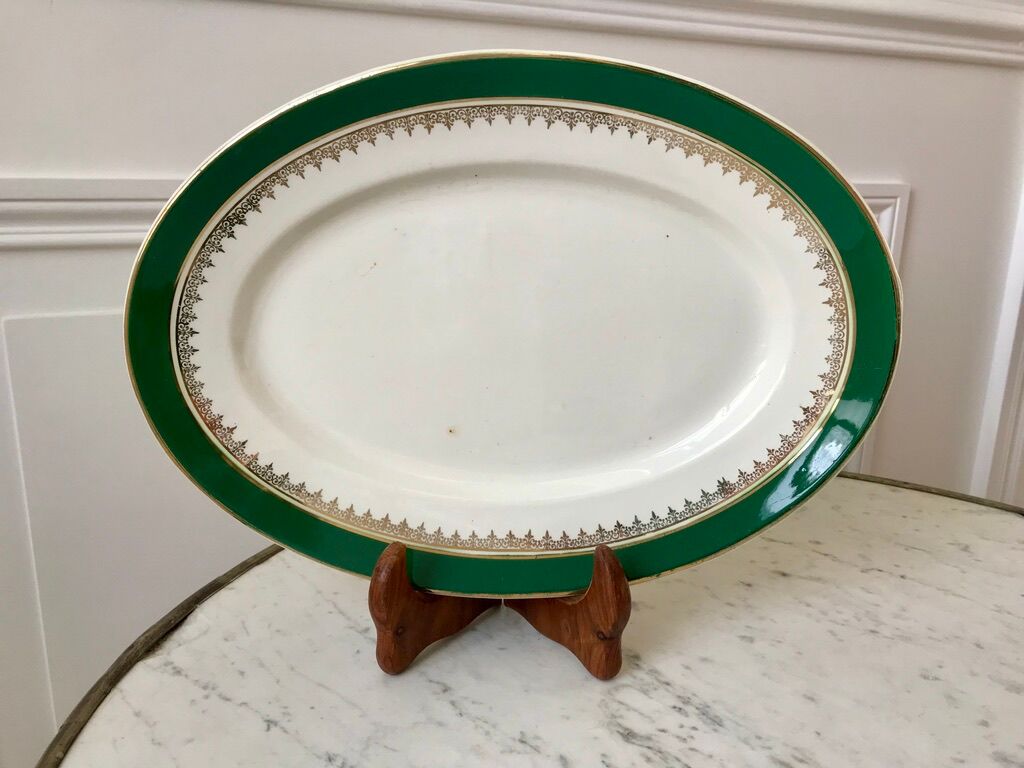 oval flat Digoin Sarreguemines model "Martine" green and golden 50s