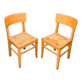 2 vintage beech chairs, straw seats