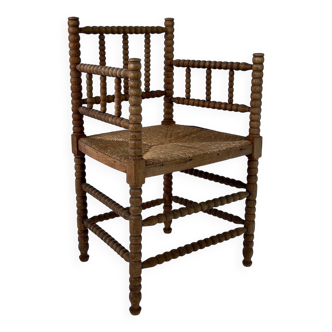 Chaise ancienne hollandaise en chêne et jonc, années 1930