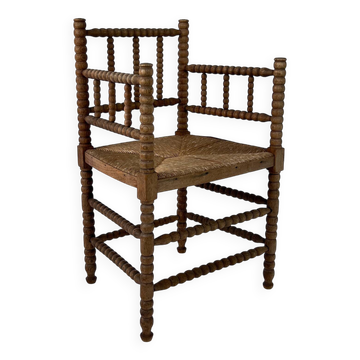 Chaise ancienne hollandaise en chêne et jonc, années 1930