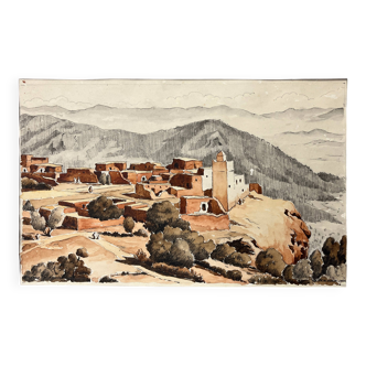 Watercolour painting of the village of Aounout, Morocco, signed A. Verdier 1942, cf. Pontoy.