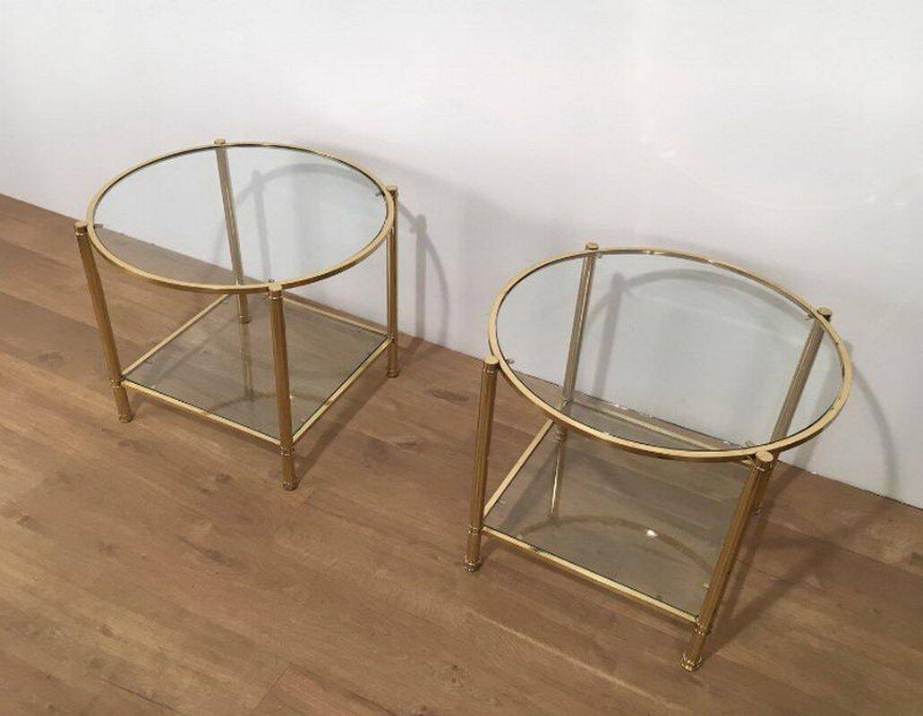 Pair of round brass side tables