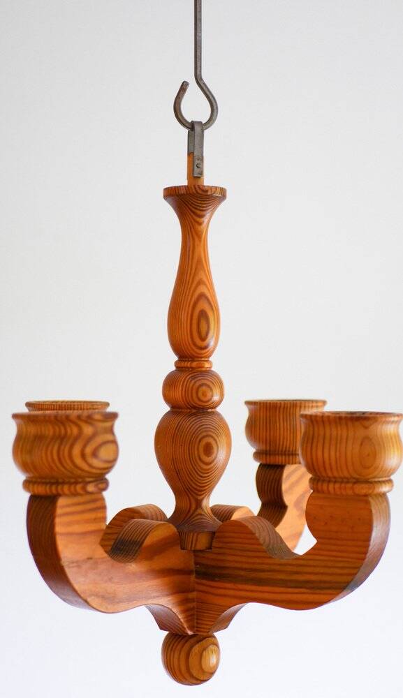Rustic wooden pendant chandelier candleholder from Smålandsslöjd, Sweden, 1975
