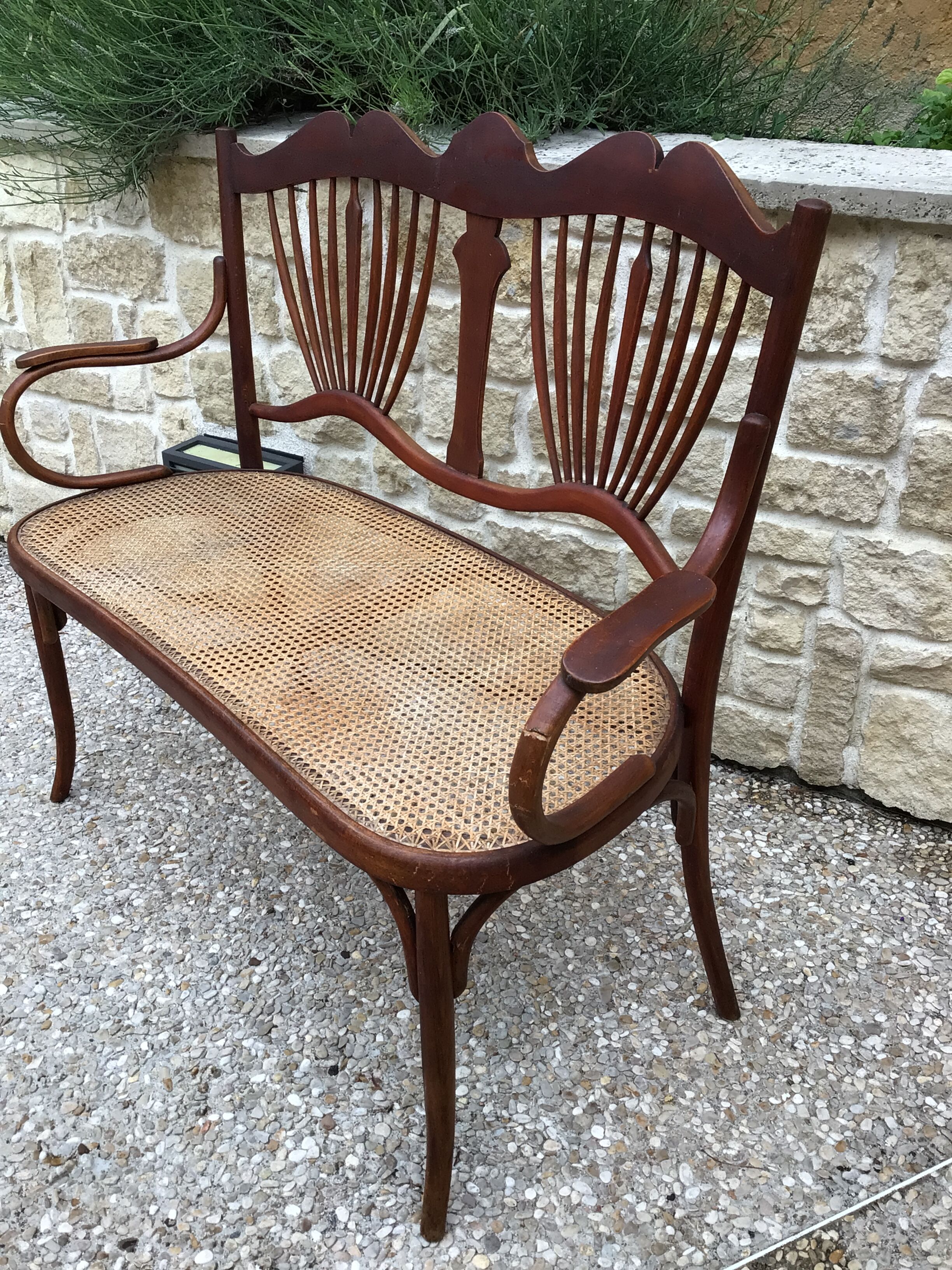 Sofa bench in curved wood and rattan fischel