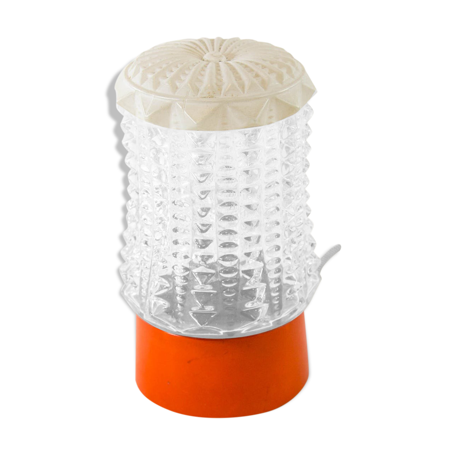 Built-in glass dome and vintage round orange base from the 70s