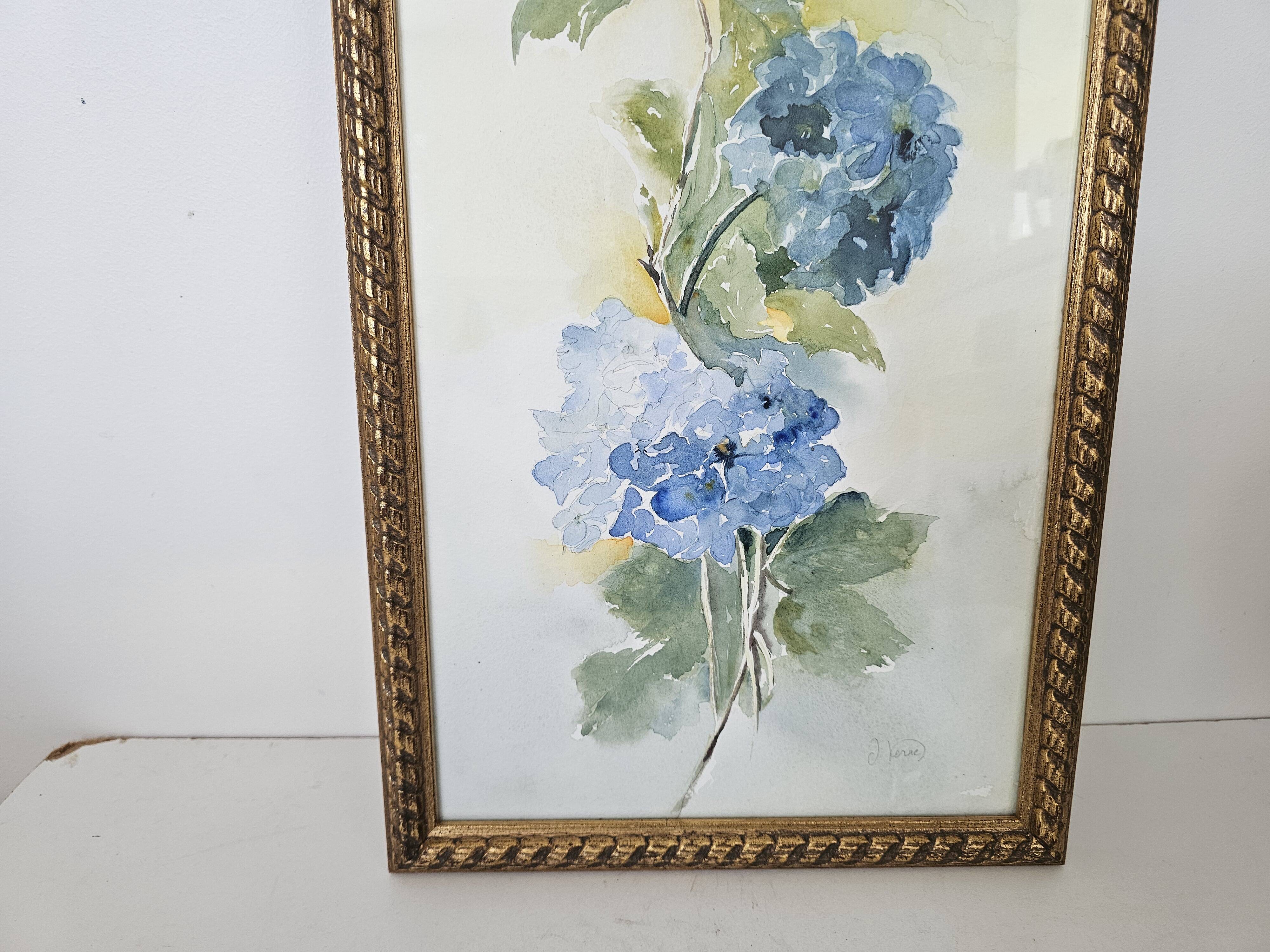Tableau Aquarelle Fleurs Hortensia Signé J. Verne