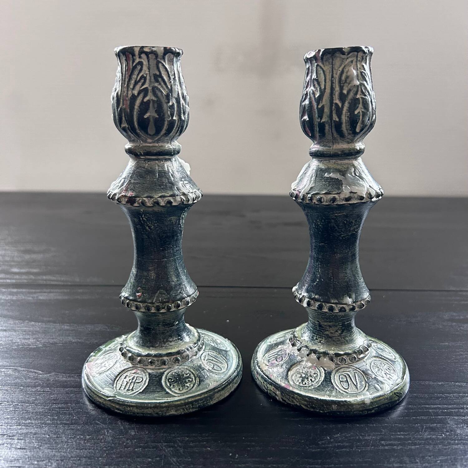 Pair of green ceramic candlesticks