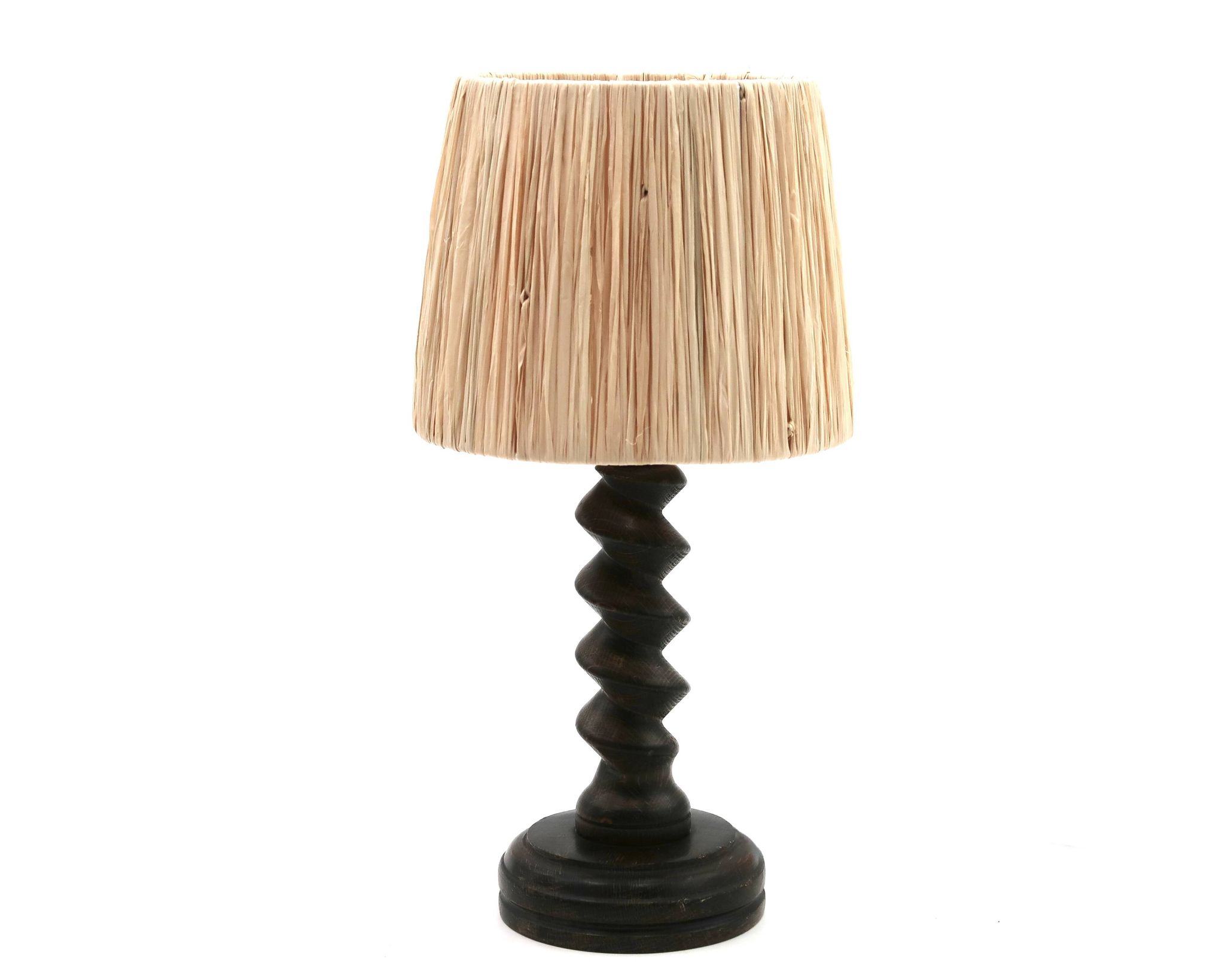 Lampe colonne en bois de Charles Dudouyt et abat-jour en raphia, années 40