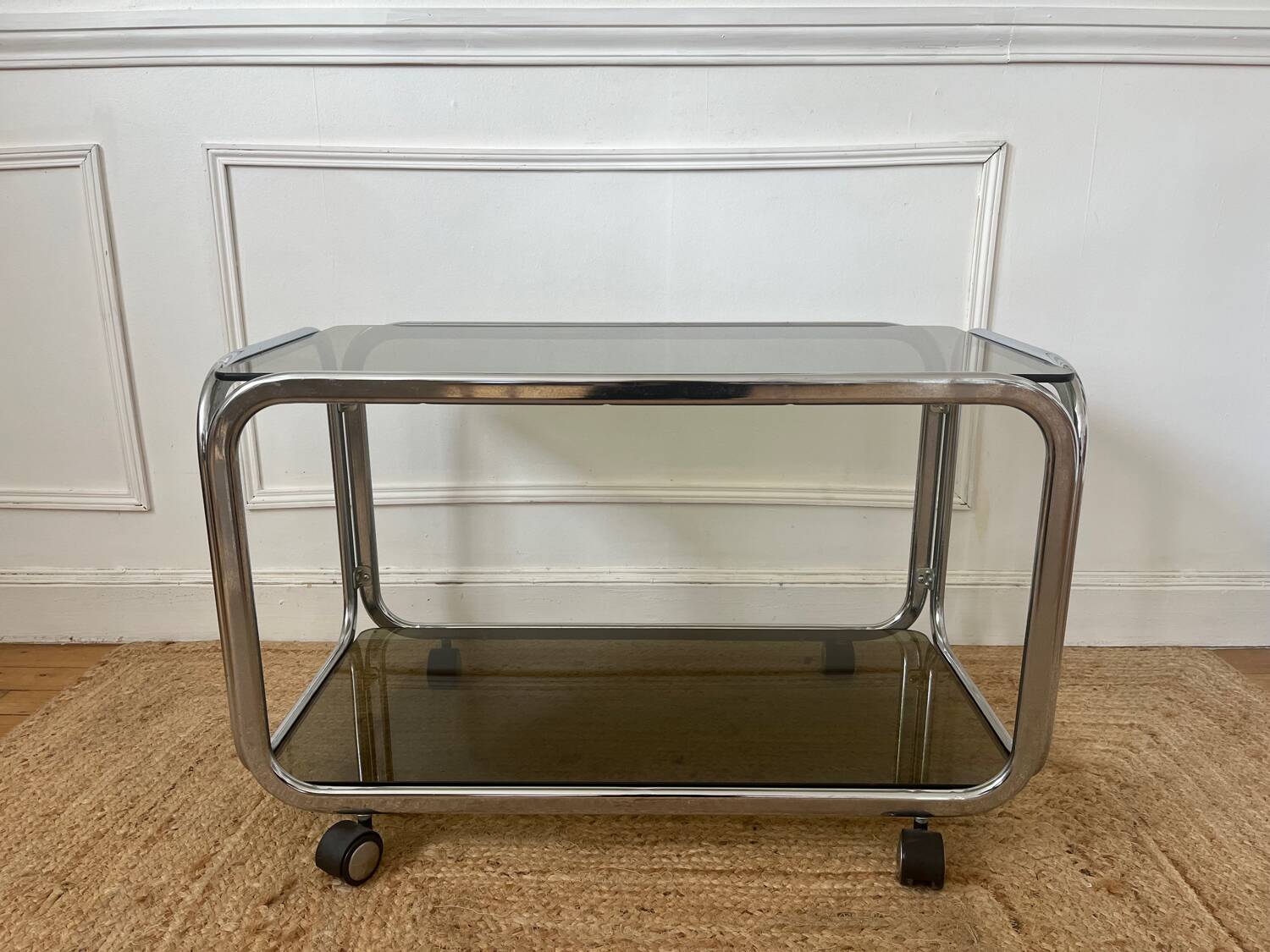 Rolling serving cart in chromed steel and smoked glass, 70s design