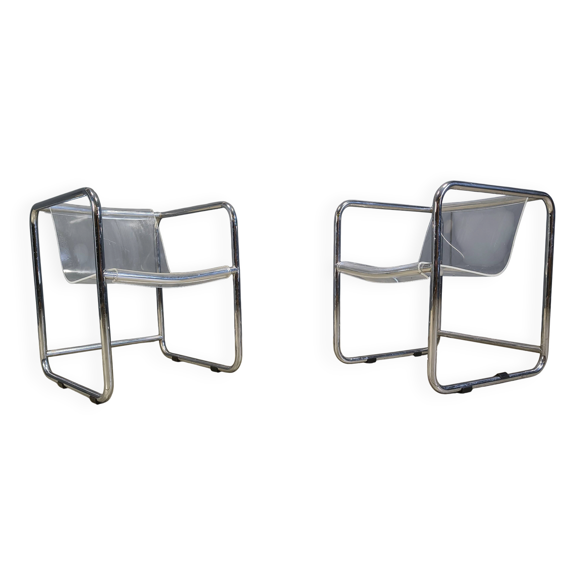 Pair of plexiglass and tubular chrome armchairs, 1970s