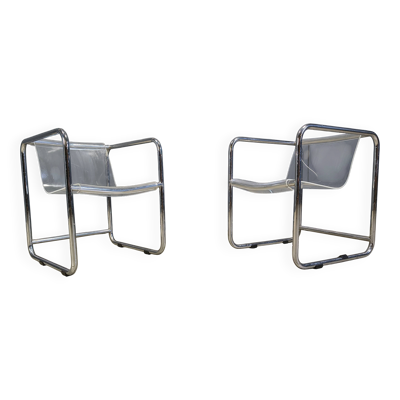 Paire de fauteuils en plexiglas et chrome tubulaire, années 1970