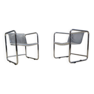 Pair of plexiglass and tubular chrome armchairs, 1970s