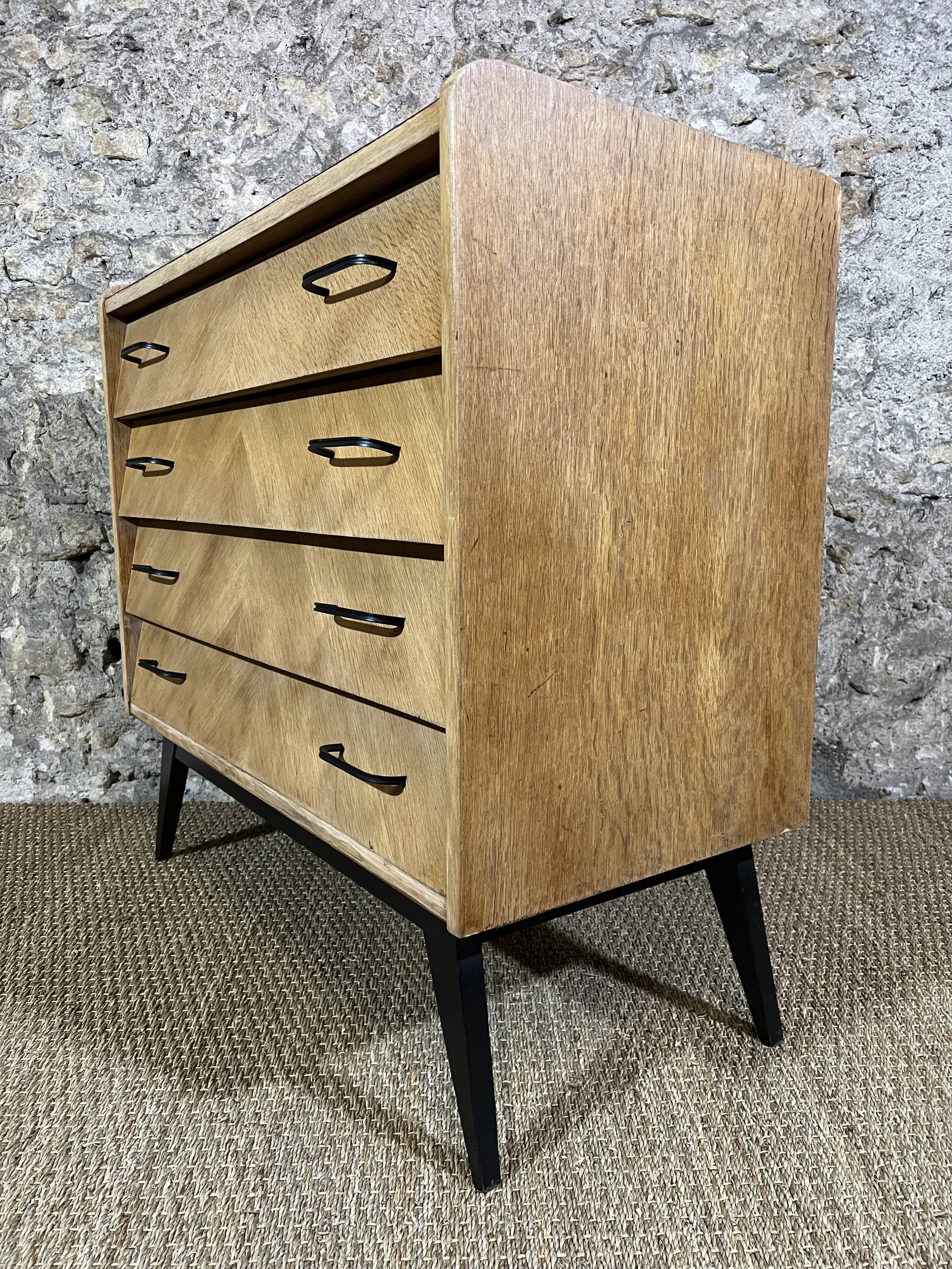 Vintage Chest of Drawers 50's Light Oak Compass Feet 4 Drawers Restyled