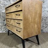 Commode 50's chêne clair pieds compas 4 tiroirs relookée