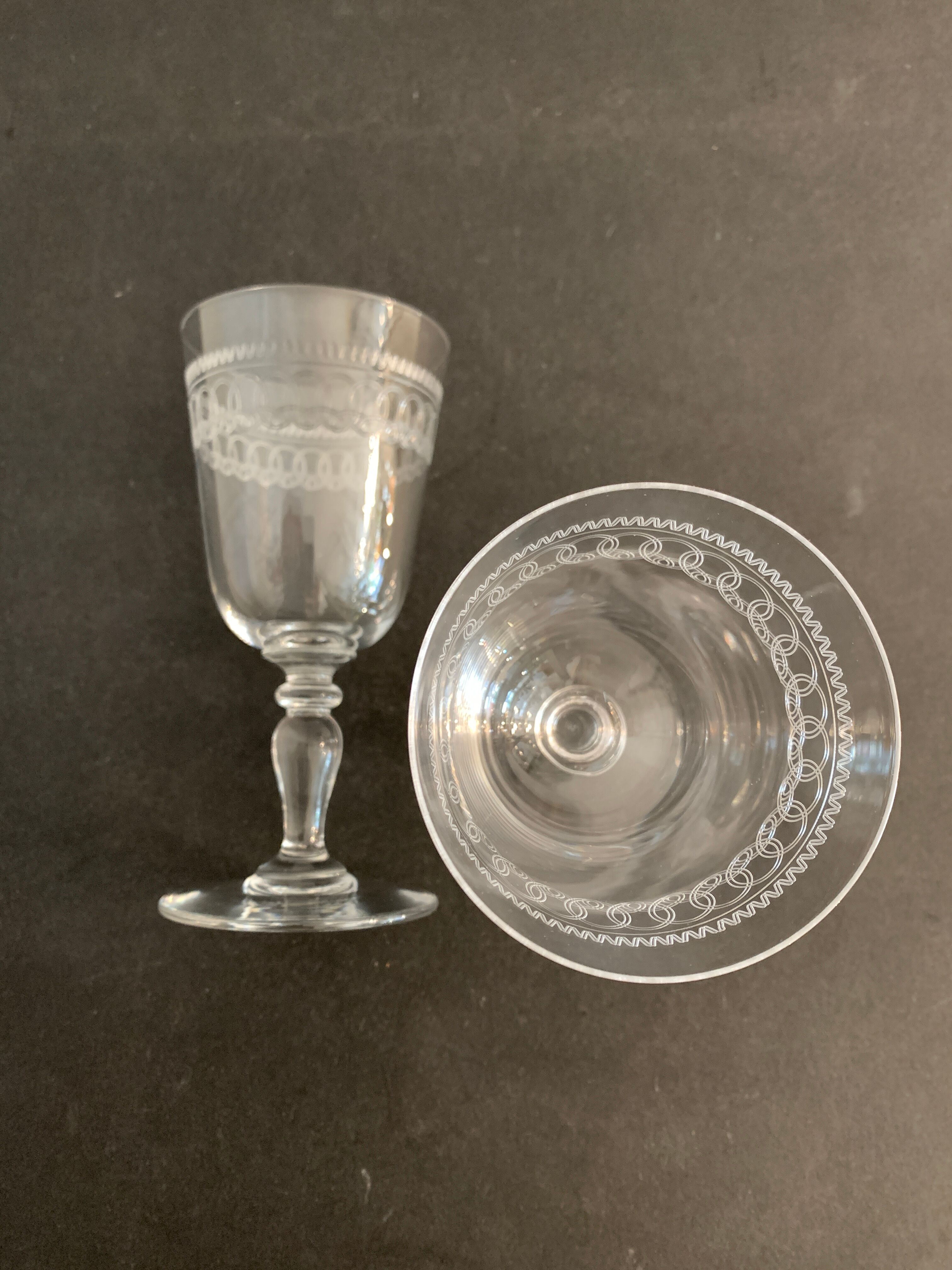 6 antique engraved crystal wine glasses